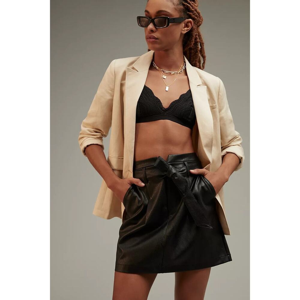 New Anthropologie Paige Vegan Leather Tie Mini Skirt $199 Sz 27 (4) BELTED Black